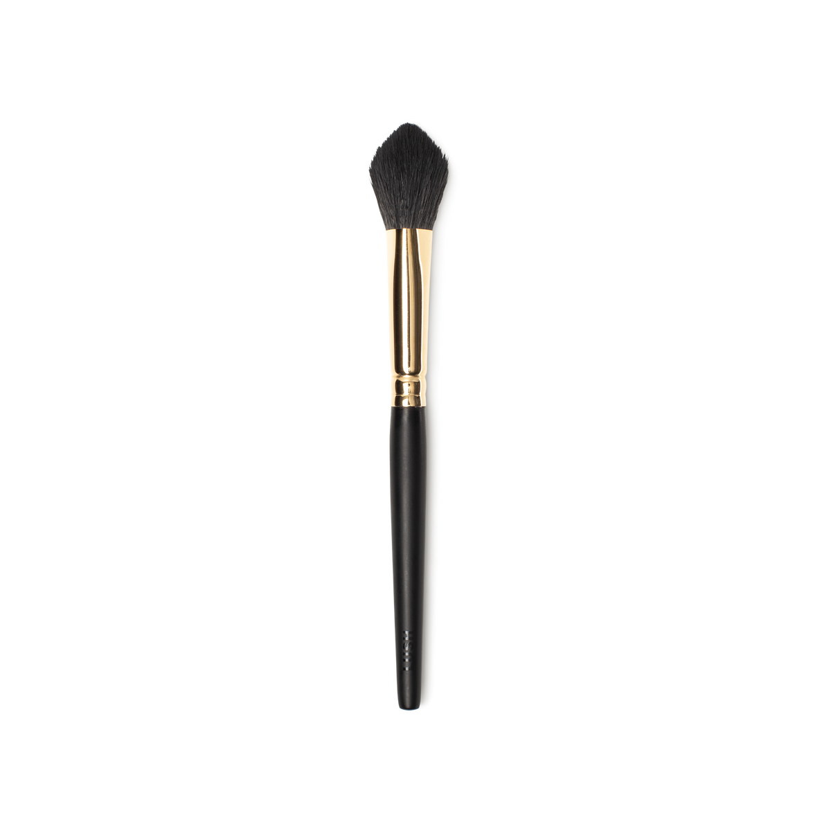 Glow To Town Brush. A flame shaped, blending/powder brush. Tapered, fluffy brown bristles. A gold and dark wooden handle.