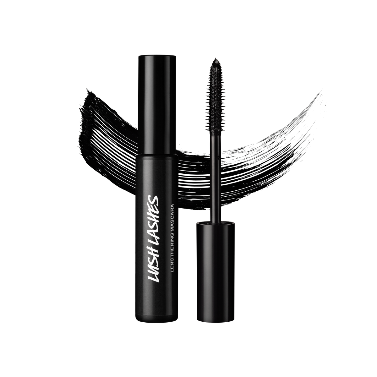 A tube and wand of Lush Lashes mascara, both made of black Lush plastic, are positioned in front of a swatch of black mascara.