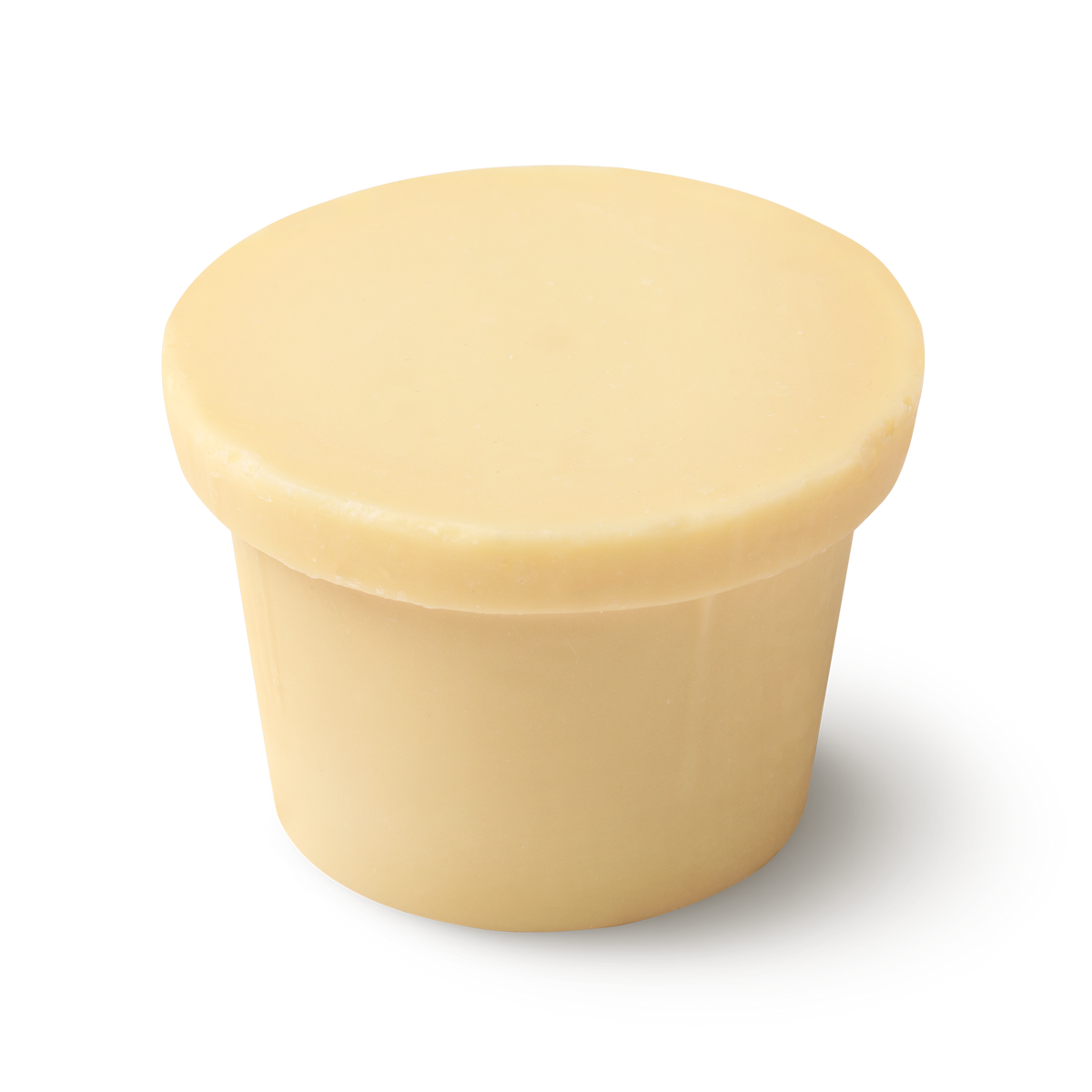 A cream coloured, naked body conditioner, shaped like an upside down top hat, with a 'brim' on top of a narrow cylinder.