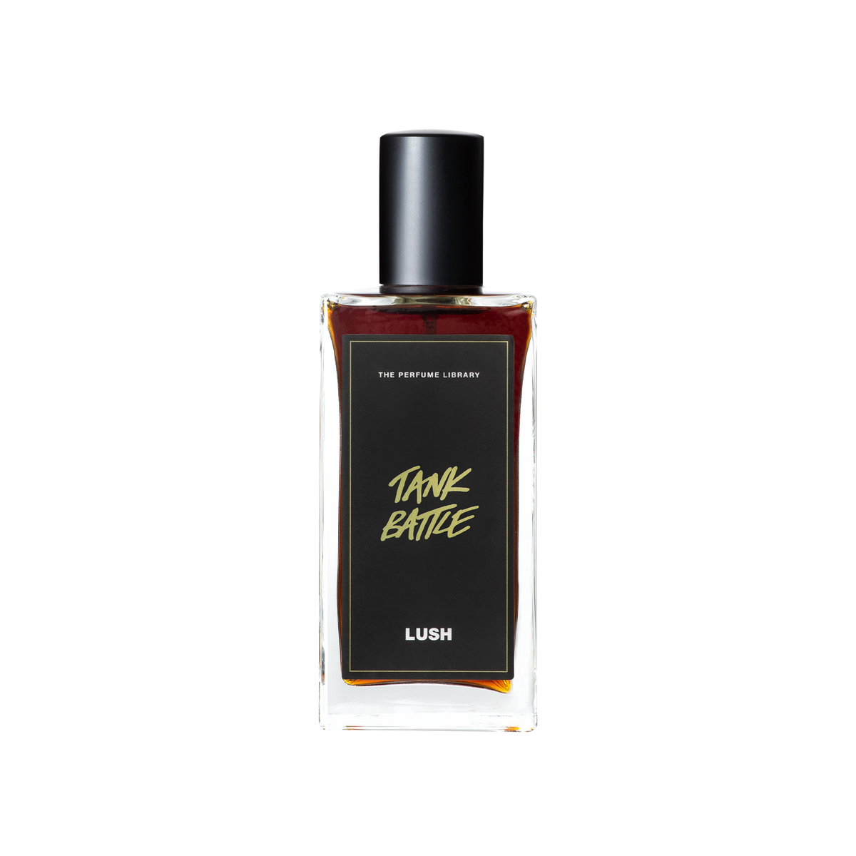 A glass perfume bottle filled with deep mahogany coloured liquid. A black label reads 'The Perfume Library' and 'Tank Battle'.